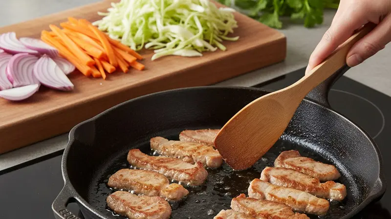 Sear the pork and soften the aromatics