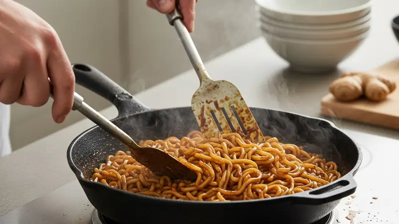 Add noodles and sauce, toss to combine