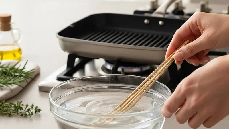 Soak skewers and heat the grill