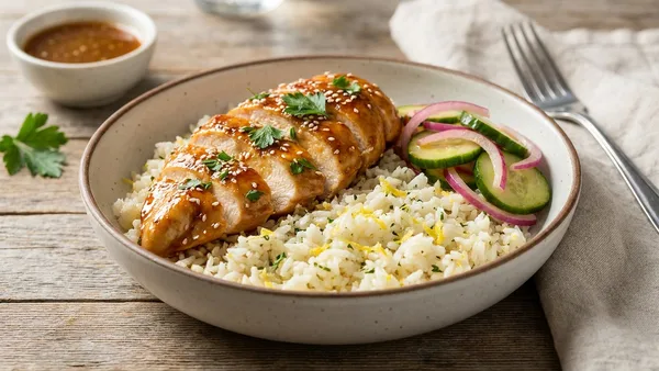 Honey Garlic Chicken Breast with Lemon Garlic Rice and Quick Pickled Veg