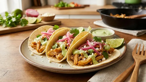 Rotisserie Chicken Tacos with Quick Pickled Onions and Avocado Crema