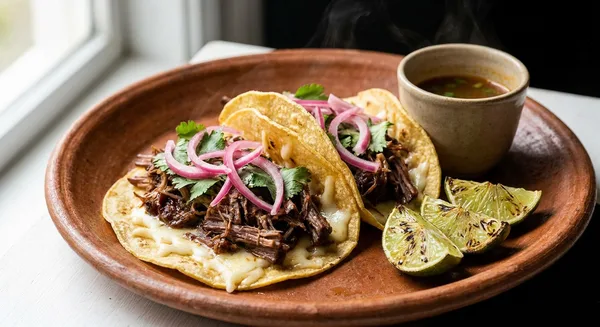 Smoked Short Rib Birria Tacos with Charred-Lime Consommé and Quick-Pickled Red Onions
