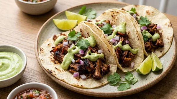 Plant-Based Jackfruit Carnitas Tacos with Avocado Crema (Stovetop)