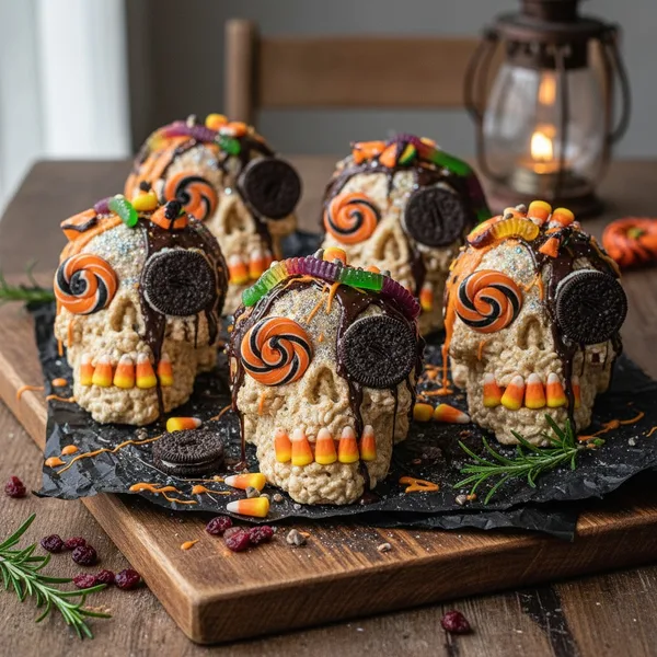 No-Bake Halloween Candy Skull Rice Cereal Treats