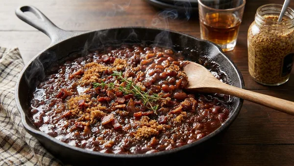 Smoky Bourbon Baked Beans with Brown Sugar and Mustard