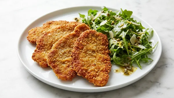 Crispy Pork Milanese with Lemon-Parmesan Arugula Salad and Spicy Caper Vinaigrette