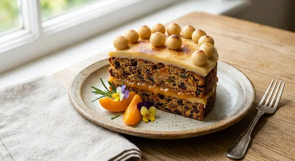 Traditional Simnel Cake with Apricot Jam and Marzipan Topping
