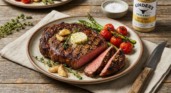 Grilled Ribeye with Kinder's Organic Buttery Garlic Salt Steak Rub
