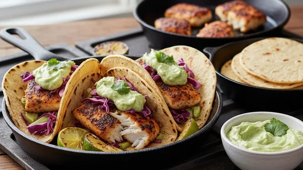 Blackened Cod Fish Tacos with Creamy Avocado Crema