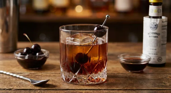 Black Cherry Old Fashioned with Collins Stemmed Black Cherries