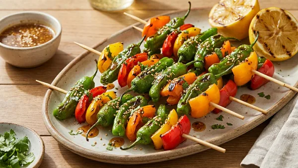 Charred Shishito and Bell Pepper Skewers with Sesame-Garlic Sauce