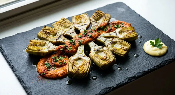 Grilled Artichoke Hearts with Smoky Romesco and Lemon‑Garlic Aioli