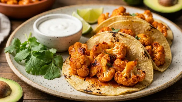 Air Fryer Buffalo Cauliflower Tacos with Creamy Cashew Ranch (Vegan)