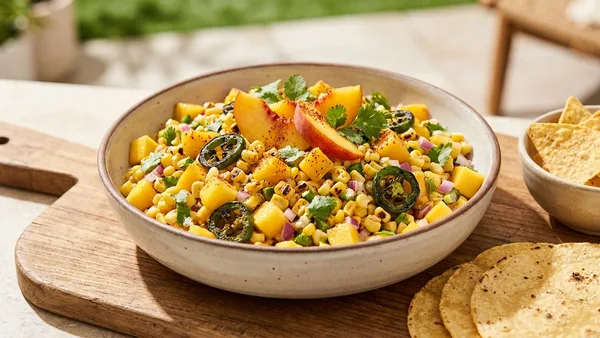 Peach Corn Salsa with Charred Jalapeño for Tacos