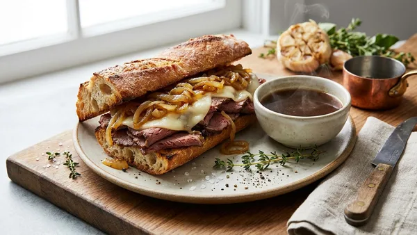 Classic Roast Beef Sandwich with Homemade Au Jus and Caramelized Onions