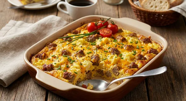 Make-Ahead Breakfast Casserole with Sausage, Eggs and Cheddar