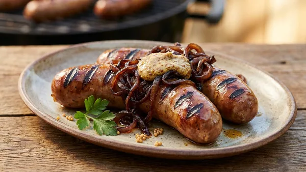 Grilled Beer-Braised Bratwurst with Caramelized Onions