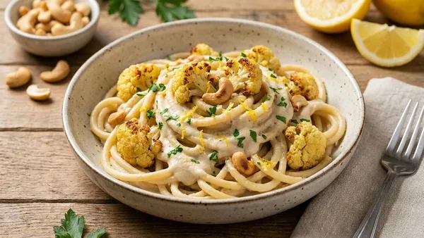 Vegan Cashew Alfredo Bucatini with Roasted Cauliflower and Lemon Zest