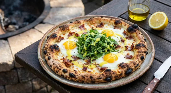 Wood-Fired Grilled Breakfast Pizza with Crispy Pancetta, Sunny-Side Eggs & Arugula
