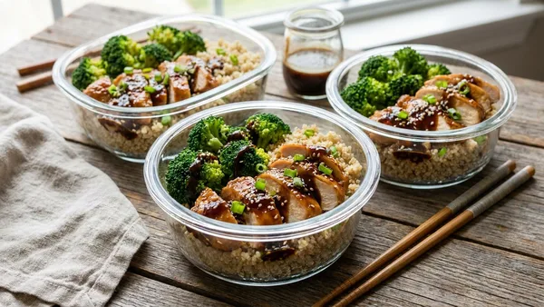 Honey Garlic Chicken Meal-Prep Bowls with Quinoa, Broccoli and Sesame Drizzle