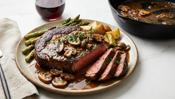 Pan-Seared Steak with Red Wine Mushroom Pan Sauce