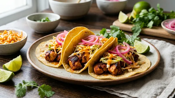 Yucatán Achiote Chicken Tacos with Orange Slaw and Pickled Red Onion