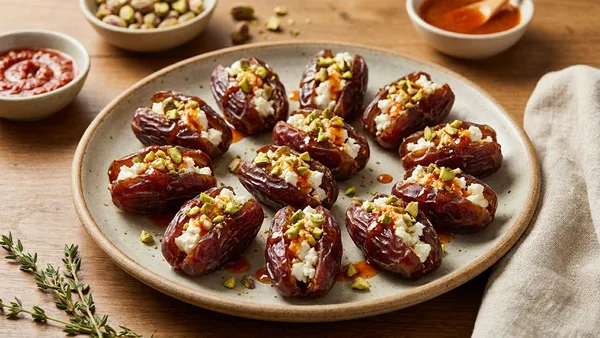 Stuffed Dates with Goat Cheese Pistachios and Harissa Honey