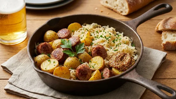 One-Pan German Bratwurst Skillet with Sauerkraut and Potatoes