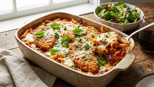 Baked Chicken Parmesan Pasta Casserole (Cheesy Weeknight Bake)
