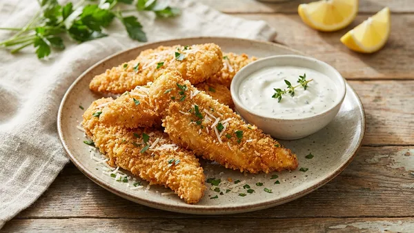 Panko Parmesan Air Fryer Chicken Strips with Garlic Herb Dip