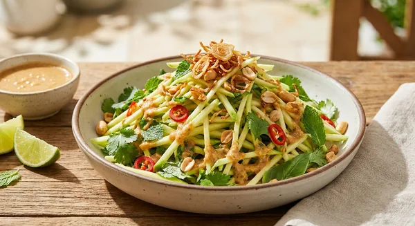 Thai Green Mango Salad with Peanut Lime Dressing and Crispy Shallots