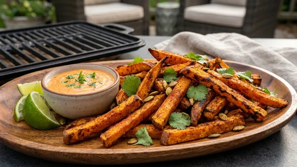 Grilled Crispy Sweet Potato Fries with Cajun Spice and Chipotle Aioli