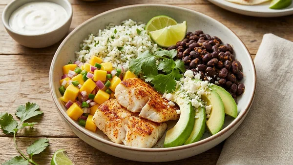 Fish Taco Bowl with Cilantro Lime Rice Mango Pico and Black Beans
