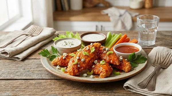 Buffalo Air Fryer Chicken Strips with Blue Cheese and Ranch Trio
