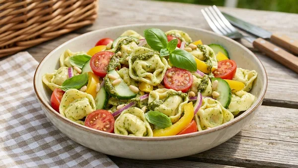 Cold Tortellini Pasta Salad with Pesto Mayo and Summer Veggies for Picnics