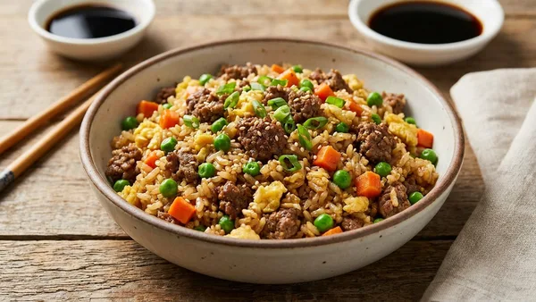 Easy Ground Beef Fried Rice with Peas, Carrots and Soy-Garlic Sauce