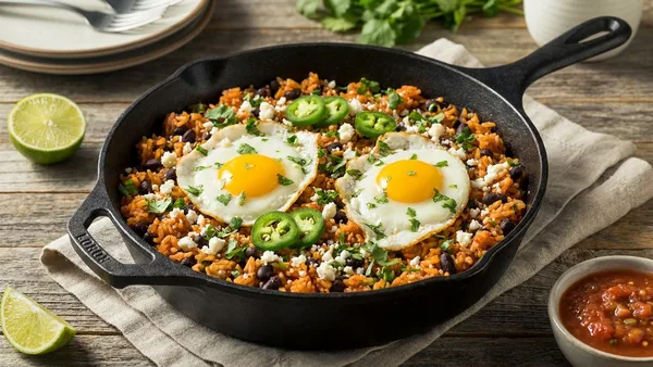 One-Pan Mexican Rice and Black Beans with Fried Eggs (Vegetarian, 30 Minutes)