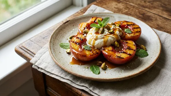 Grilled Peach Halves with Bourbon Caramel and Mascarpone
