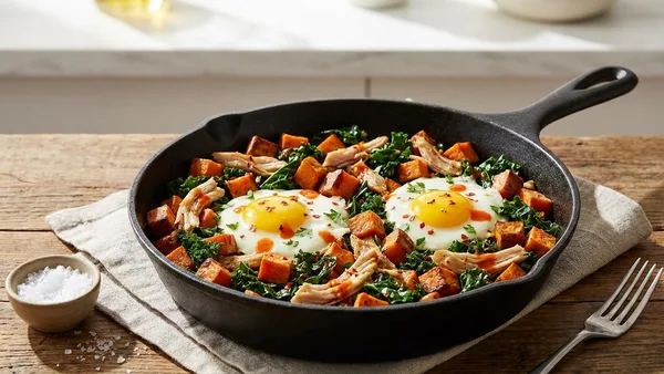 Rotisserie Chicken Breakfast Hash with Sweet Potatoes and Greens