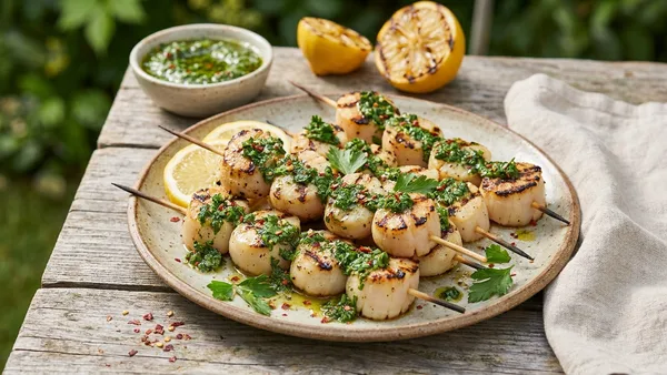 Grilled Scallop Skewers with Chimichurri and Lemon