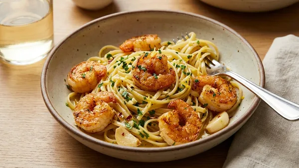 Air Fryer Garlic Butter Shrimp Tossed with Linguine (20-Minute Weeknight Pasta)