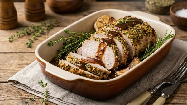 Classic Oven-Roasted Pork Loin with Garlic-Herb Crust and Pan Gravy