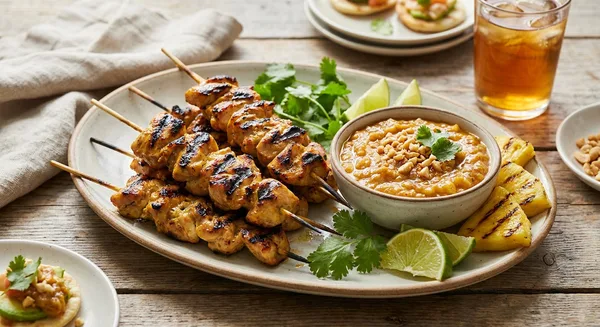 Grilled Chicken Satay with Charred Pineapple-Peanut Dipping Sauce