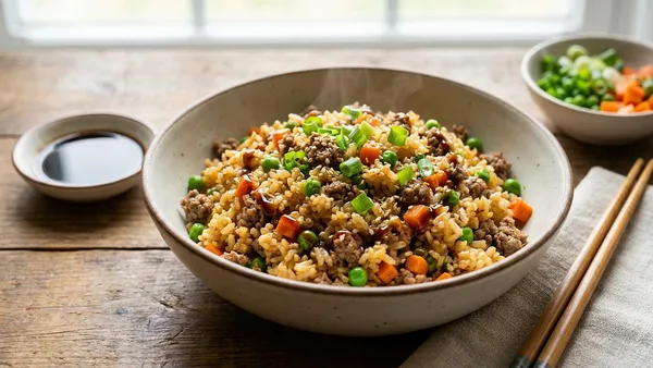 Easy Ground Beef Fried Rice with Peas, Carrots and Soy-Garlic Sauce