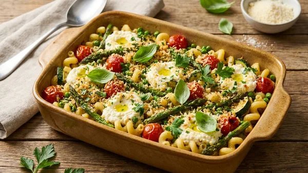 Baked Pasta Primavera with Lemon Ricotta and Herb Crumb Topping