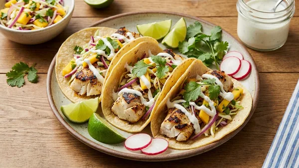 Grilled Fish Tacos with Mango Slaw and Lime Crema