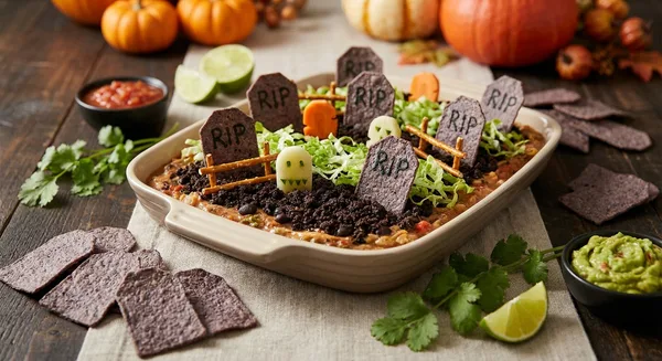 Graveyard Taco Dip with Tombstone Chips (Party Platter)