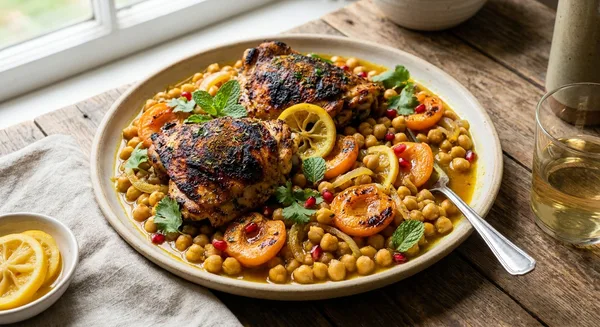 Grilled Ras el Hanout Chicken Thighs with Charred Apricot-Chickpea Tagine