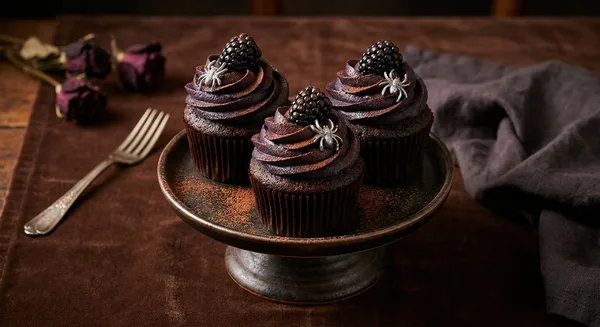Wednesday Addams Black Velvet Cupcakes with Blackberry Buttercream