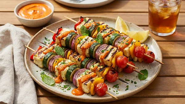 Halloumi and Grilled Vegetable Kabobs with Harissa Yogurt